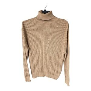 Barry Bricken 100% Silk Turtleneck Sweater XS Beige Cable Knit Long Sleeve Women